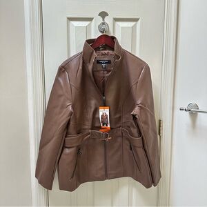 Kenneth Cole Women's Belted Faux Leather Brown Jacket Size XXL